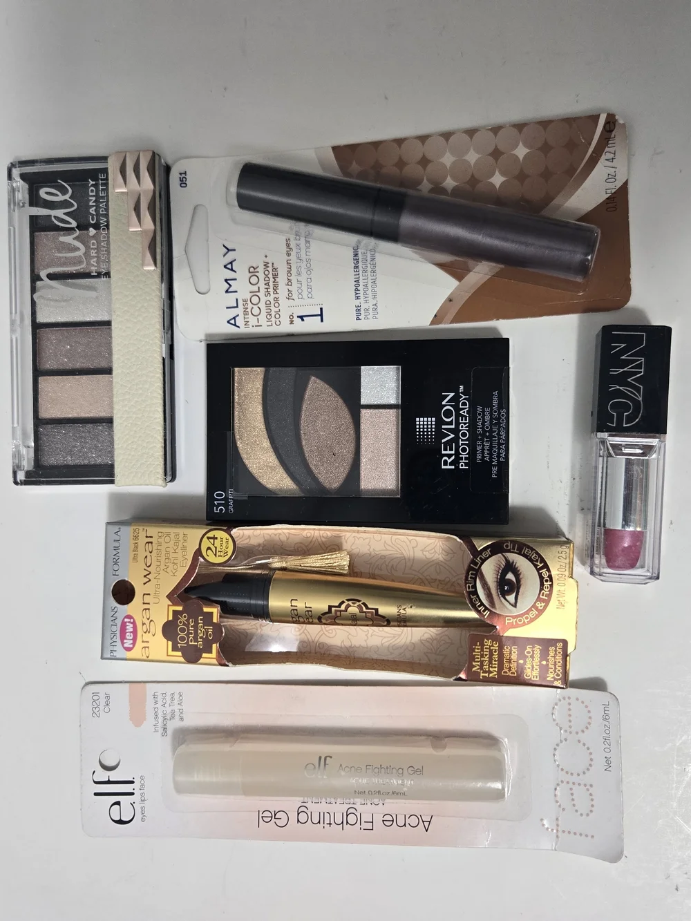 Revlon & e.l.f. Neutral Eyeshadow and Acne Gel Set — Brown, Gold, Pink